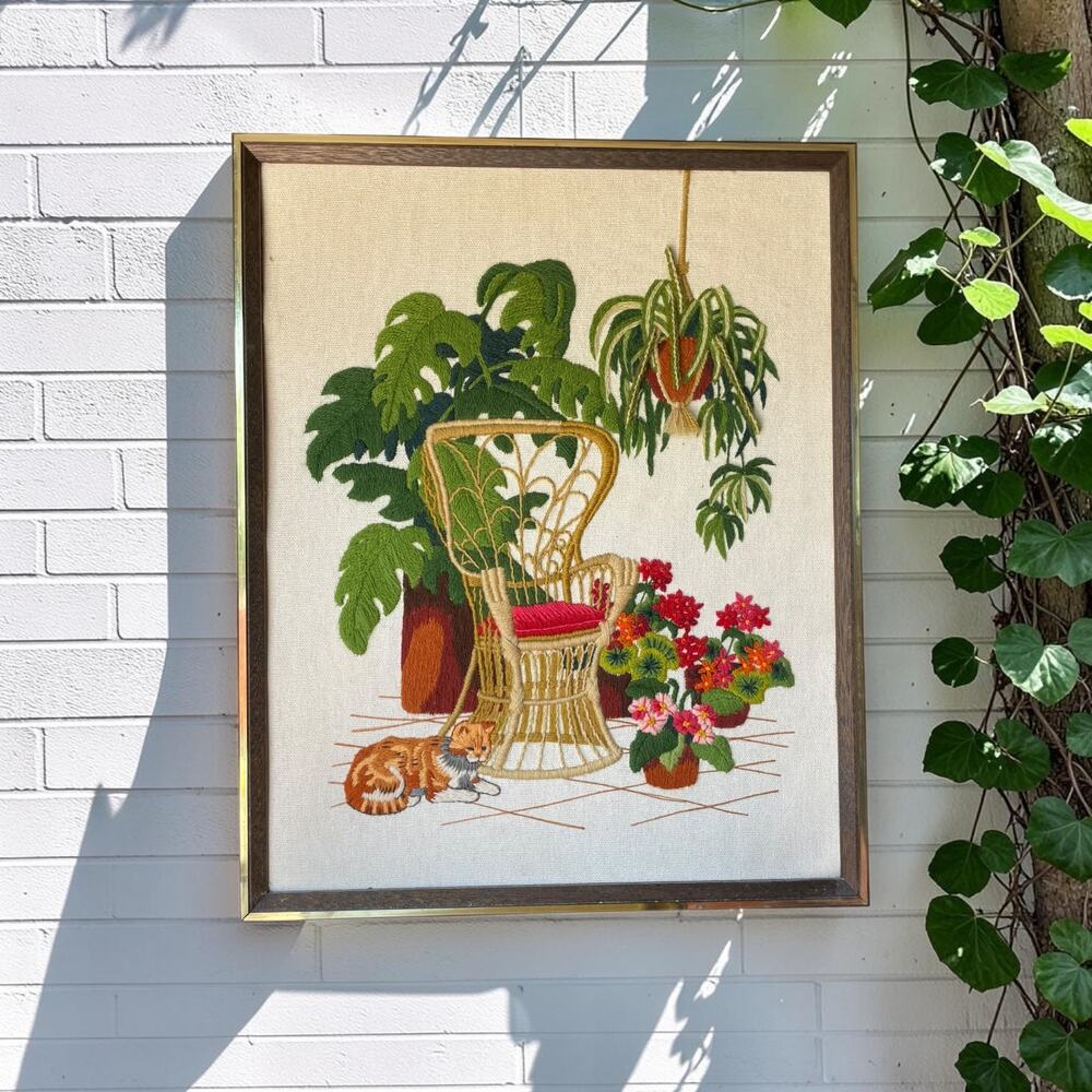 Vintage 70s Sunset Designs Crewel Embroidery Solarium Garden Peacock Chair Cat